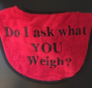 Adult bib (Red and Blue colours) with slogan "Do I ask what you weigh"