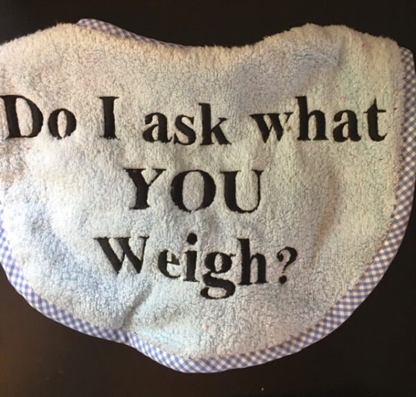 Adult bib (Red and Blue colours) with slogan "Do I ask what you weigh" - Image 3