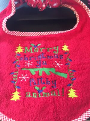 Adult Bib Red with gingham trim and slogan