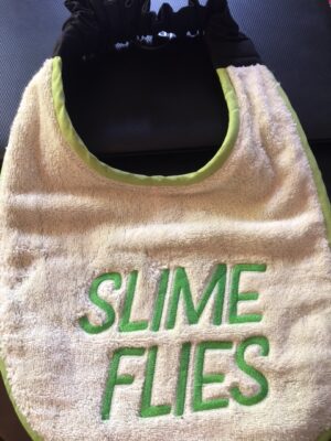 Adult Bib in pale green with slogan "Slime Flies"