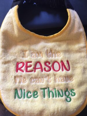 Adult Bib in lemon with slogan "I am the reason we can't have nice things"