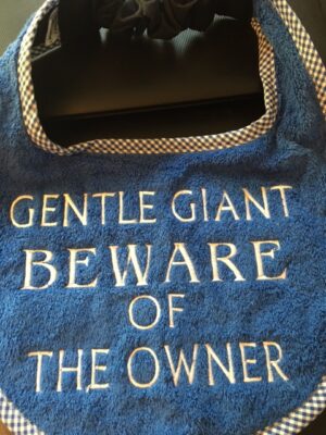 Adult Bib Blue with slogan " Gentle Giant Beware of the Owner"